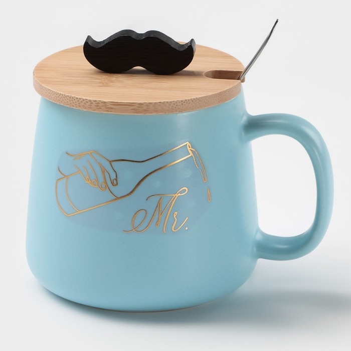 Кружка керамическая с ложкой &laquo;Мистер&raquo;, 380 мл, цвет голубой