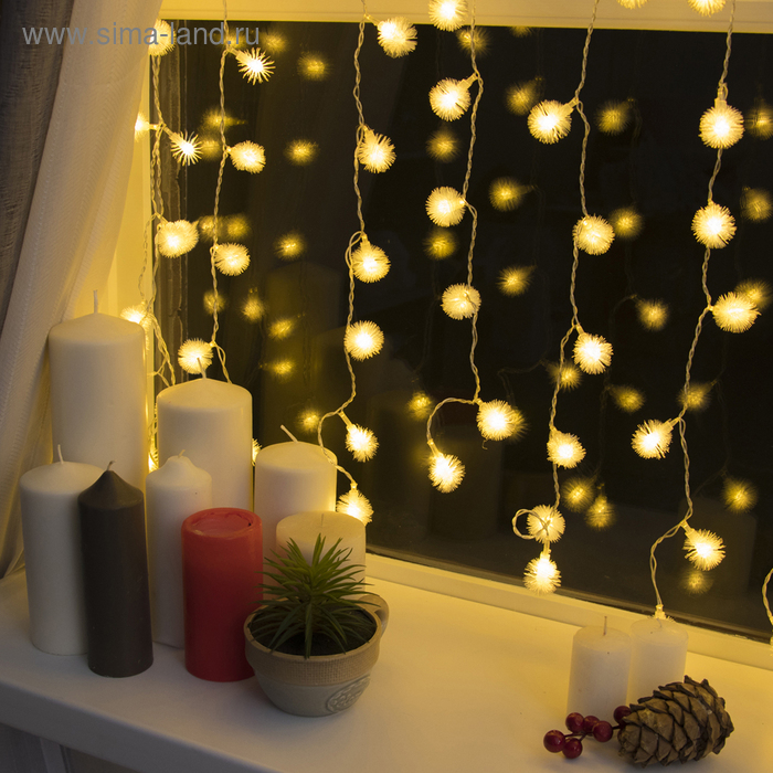 Гирлянда &laquo;Занавес&raquo; 2 &times; 1.5 м с насадками &laquo;Ёжики&raquo;, IP20, прозрачная нить, 360 LED, свечение тёплое белое, 8 режимов, 220 В