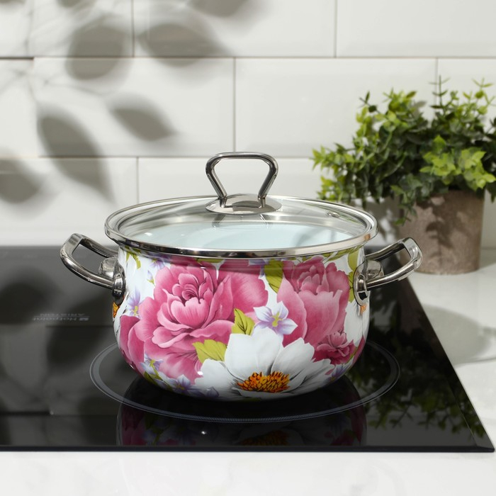 Кастрюля эмалированная &laquo;Пион&raquo;, 2.1 л, стеклянная крышка, индукция