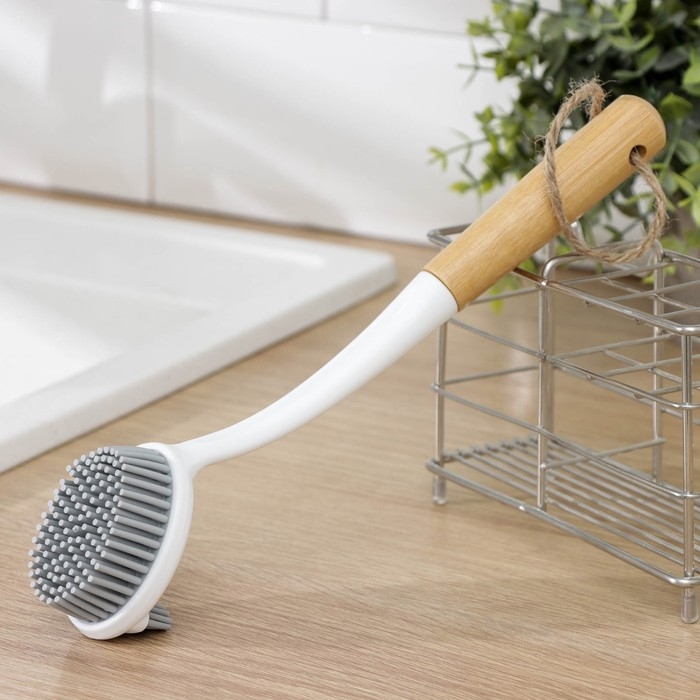 Щётка для посуды Доляна Meli, бамбуковая ручка, двухсторонняя, ворс TPR 1,8 см, 5&times;26,5 см