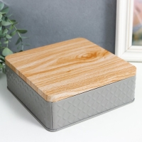 Шкатулка металл квадрат "Ромбы" серая, крышка под дерево 6х17х17 см