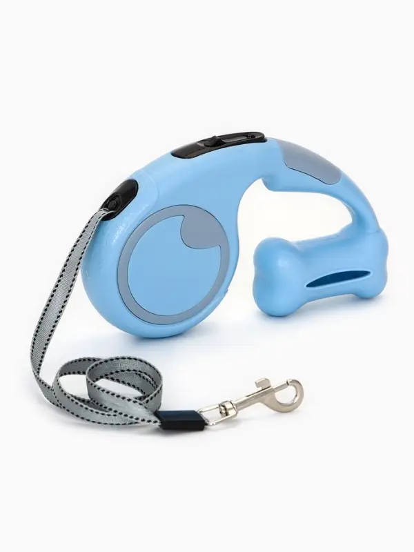 Рулетка - поводок "Косточка", с контейнером для пакетов, трос 3 м, голубая/серая