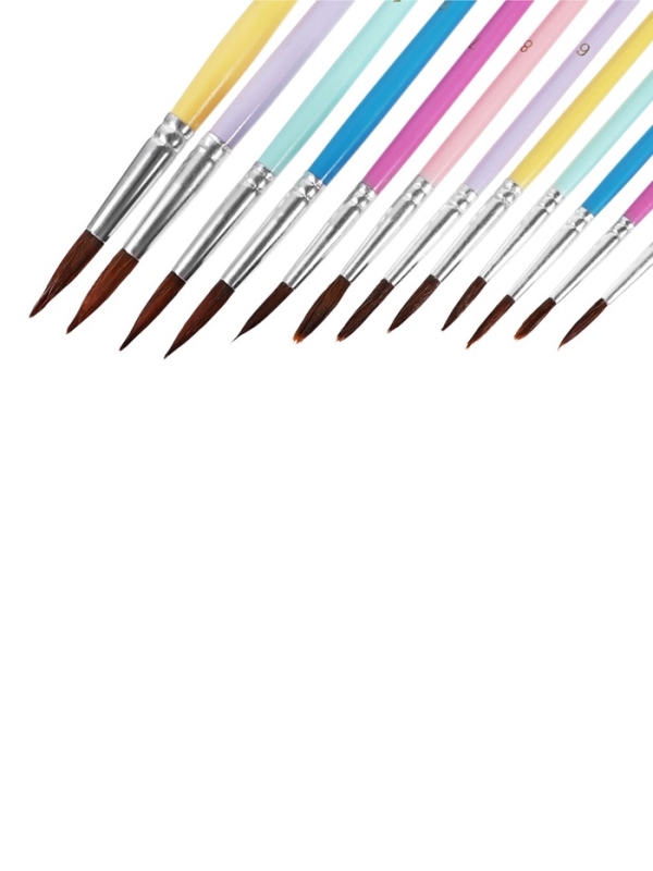 Набор кистей пони круглые 12 штук с цветными ручками пастель(№1,2,3,4,5,6,7,8,9,10,11,12)