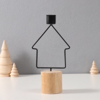 Подсвечник металл, дерево на 1 свечу "Домик" d=2 см 9х5х17,5 см