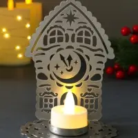 Подсвечник новогодний "Домик с часами" серебряный 6,7х10х13,5 см