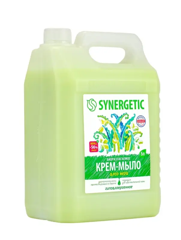Крем-мыло жидкое биоразлагаемое для мытья рук и тела SYNERGETIC "Алоэ вера", 5 л