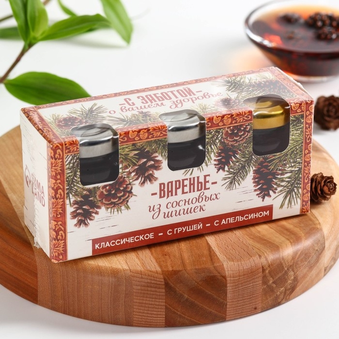 Набор варенья с сосновыми шишками &laquo;С заботой о здоровье&raquo;: классическое, с грушей, с апельсином, 90 г (3 шт. х 30 г).