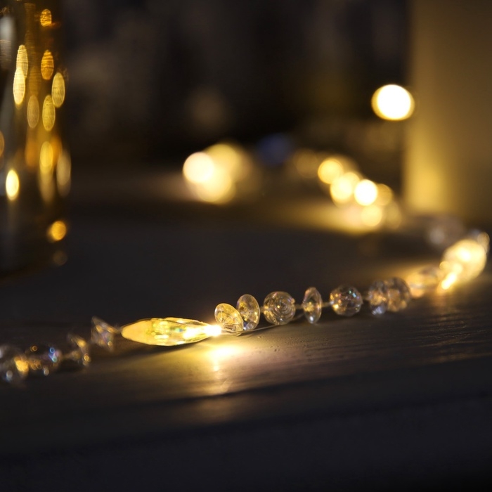 Гирлянда &laquo;Нить&raquo; 2 м роса с насадками &laquo;Бусины&raquo;, IP20, нить серебристая, 20 LED, батарейки AAx2 (не в комплекте), 2 режима, свечение тёплое белое