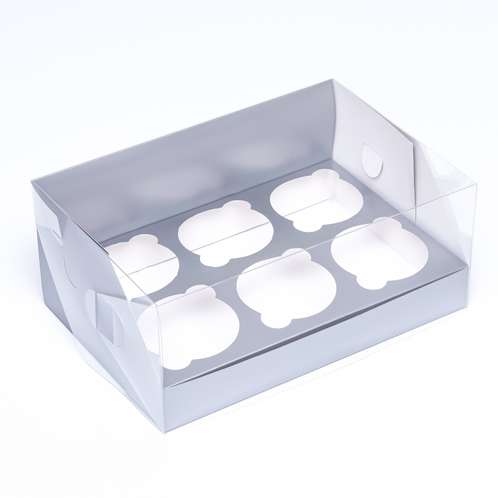 Коробка для 6 капкейков 23,5 х 16 х 10 , Серебро, кондитерская упаковка