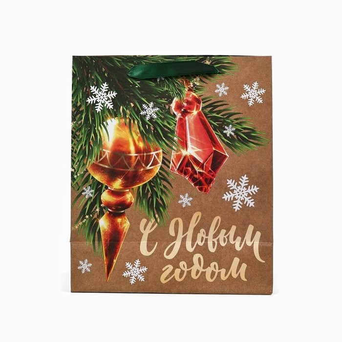 Пакет подарочный новогодний крафтовый вертикальный &laquo;С Новым годом&raquo;, ёлочные игрушки, ML 23 х 27 х 11.5 см , Новый год