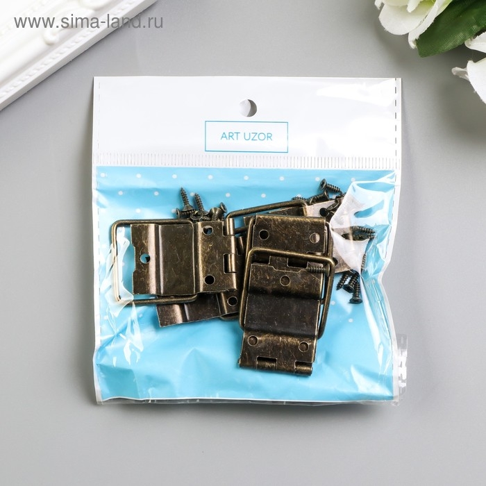 Петля накладная с упором угол открывания 90 градусов + гвозд. бронза набор 5 шт 4,8х2,4 см