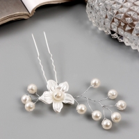 Шпилька для волос "Эмилия" цветок бусинки, 9х6 см, белый