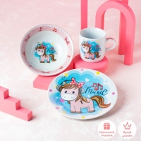 Набор детской посуды из керамики Доляна &laquo;Маленькая лошадка&raquo;, 3 предмета: кружка 230 мл, миска 400 мл, тарелка d=18 см, цвет белый