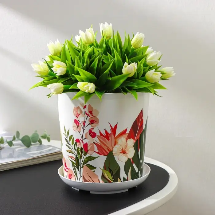 Горшок для цветов с поддоном Доляна &laquo;Тропический лес&raquo;, 1,6 л, d=14 см, h=15,5 см, цвет белый