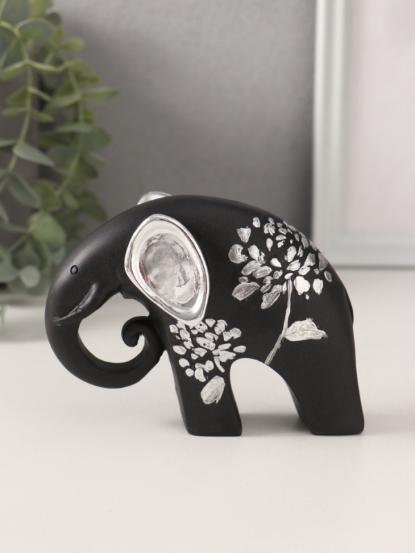 Сувенир полистоун "Чёрный слон с серебр. ушками хобот завиток" серебряный цветок 12х5х9 см   1074030