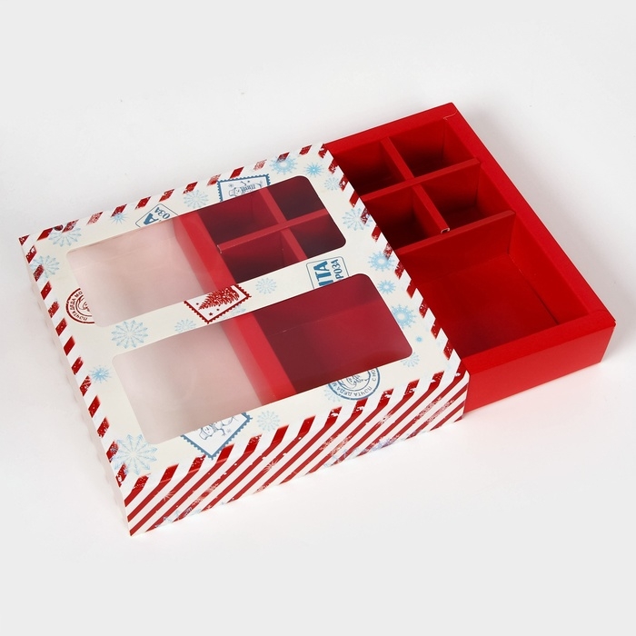 Новый год. Коробка под 8 конфет и шоколад, с окном "Новогодняя почта", 17,7 х 17,8 х 3,8 см, кондитерская упаковка