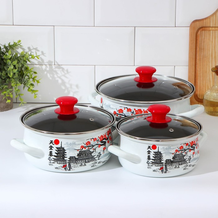 Набор эмалированных кастрюль &laquo;Ветка сакуры&raquo;, 3 предмета: 1,5 л, 2 л, 3 л, индукция