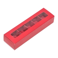 Коробка под 5 конфет с обечайкой, с окном, с тонкими разделителями, Красная 20*5,5*3,5