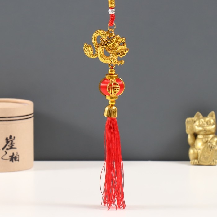 Подвеска пластик, текстиль "Золотой дракон и китайский фонарик" 3х5,7х37 см