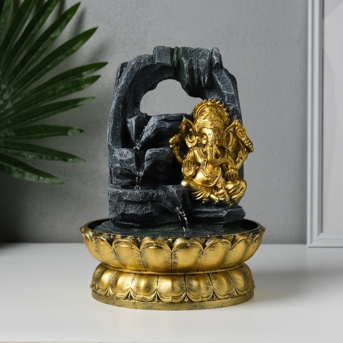 Фонтан настольный от сети, подсветка "Ганеша в скалах с водопадом" 20,5х20,5х27,5 см