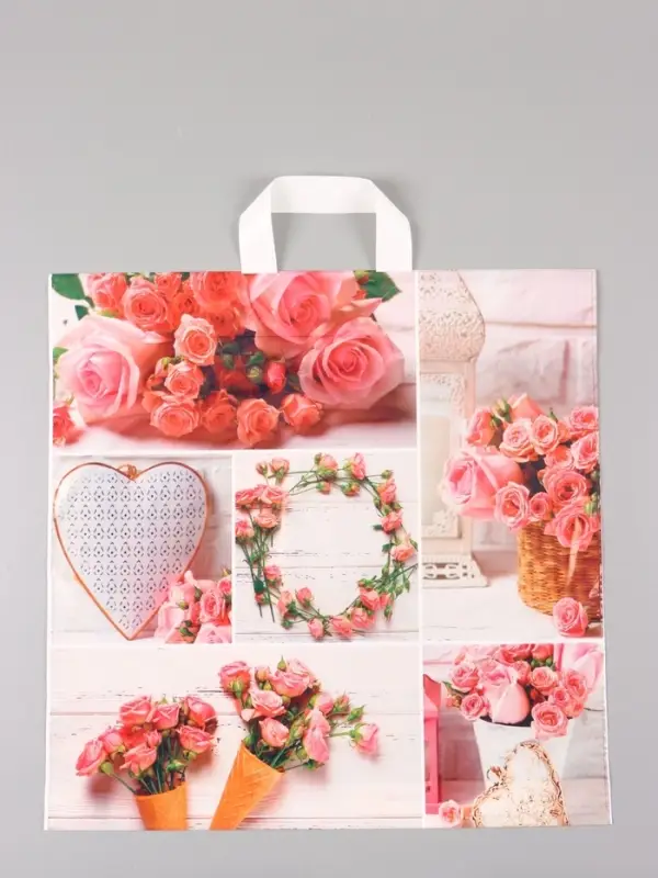 Пакет "Романтичная роза", полиэтиленовый с петлевой ручкой, 45 х 45 + 3 см, 60 мкм