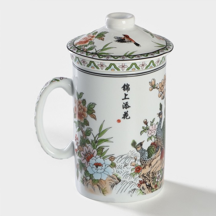 Кружка керамическая с крышкой и ситом &laquo;Цветы&raquo;, 300 мл