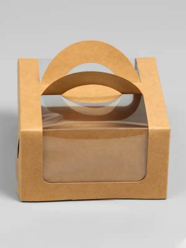 Коробка под бенто-торт с окном, крафт, 14 х 14 х 8 см