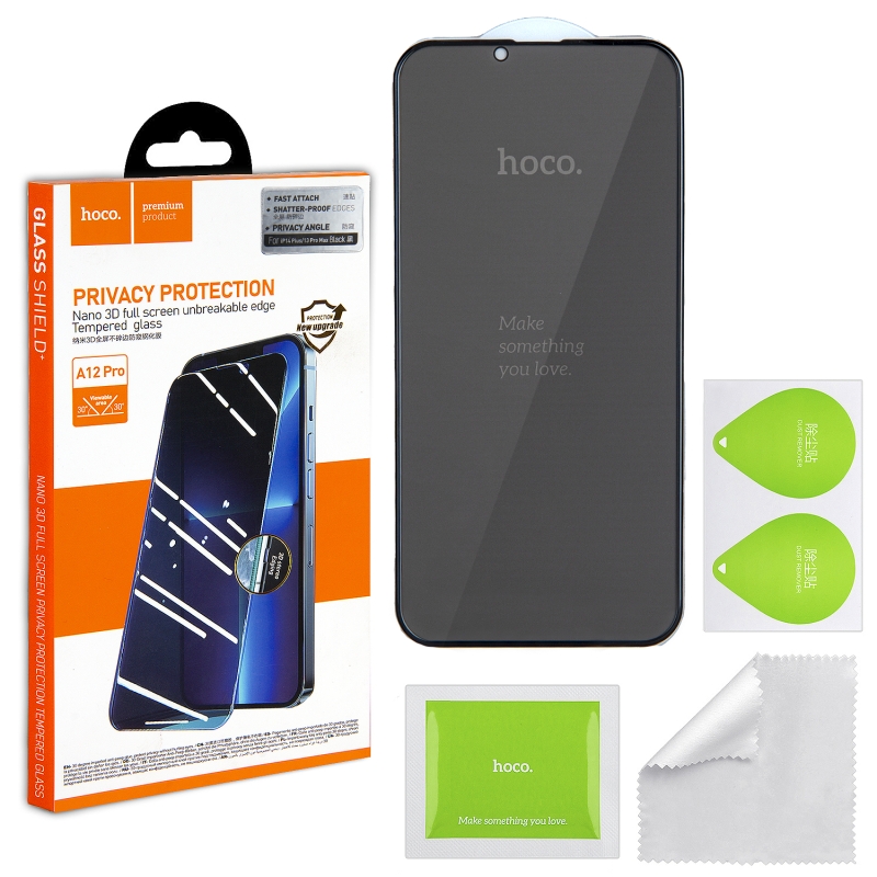 Защитное стекло IPH 13 Pro Max/14 Plus (6.7) 3D black (A12 Pro) HOCO Privace усиленые края
