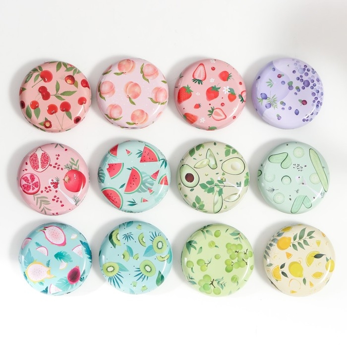 Шкатулка металл круглая "Фрукты и овощи" фасовка 12 шт 1,8х7х7 см