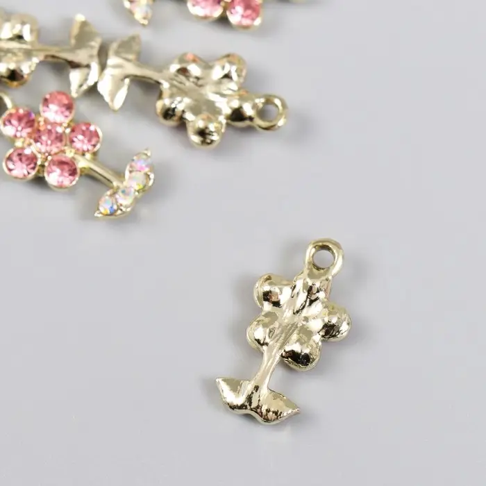 Декор для творчества металл, стразы "Цветочек розовый с листиками" золото 1,1х2 см