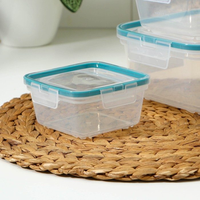 Набор контейнеров для продуктов с защёлкой, герметичная крышка, 3 шт: 400 мл, 800 мл, 1,5 л, прозрачные, крышка голубая