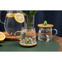 Кружка стеклянная с деревянной крышкой &laquo;Авокадо&raquo;, 350 мл, рисунок МИКС