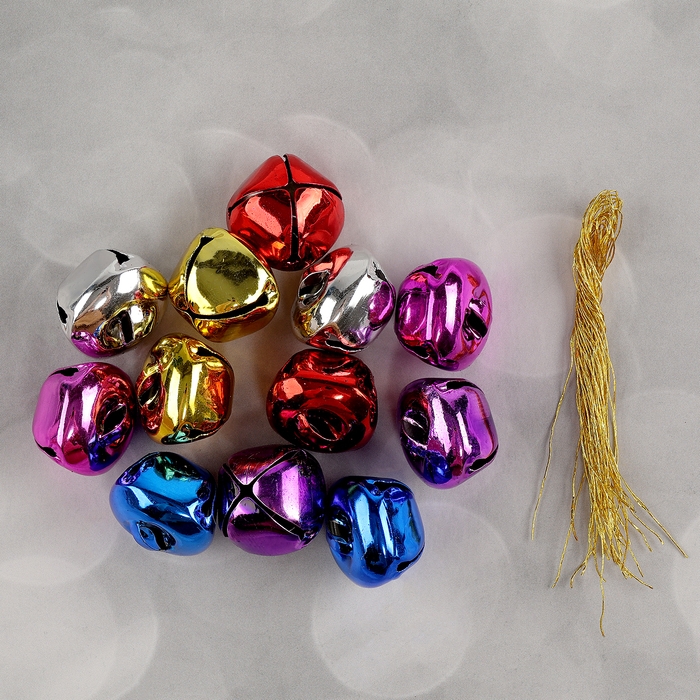 Бубенчики, набор 12 шт., размер 1 шт. &mdash; 2,5 &times; 2,5 см, цвет красный, жёлтый, розовый, синий, серебряный