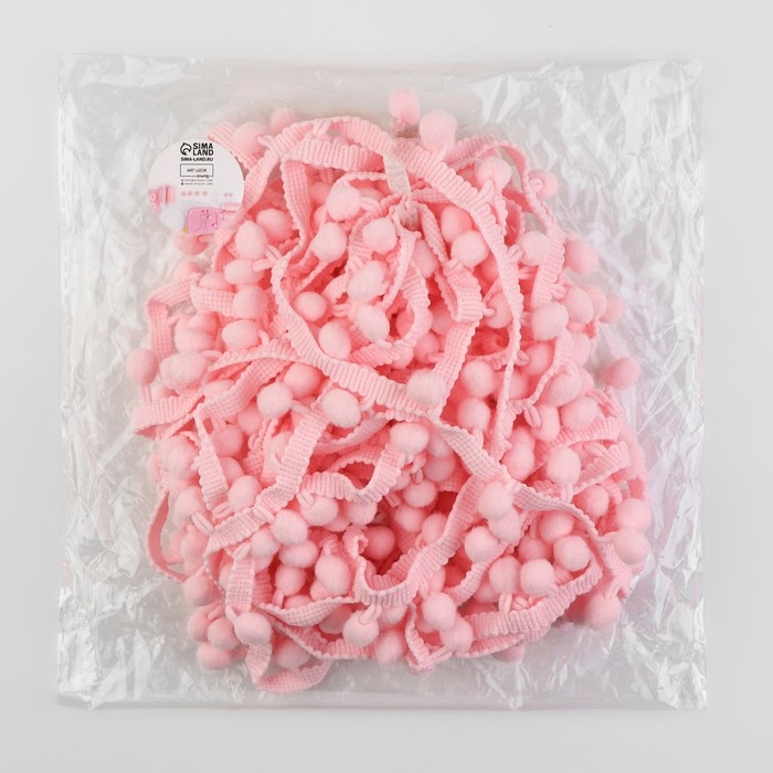 Тесьма декоративная с помпонами, 25 &plusmn; 5 мм, 9,1 &plusmn; 0,5 м, цвет розовый