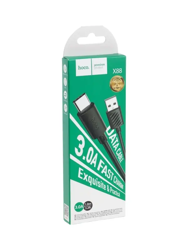 Кабель Hoco X88, Type-C - USB, 3 А, 1 м, передача данных, ПВХ, чёрный