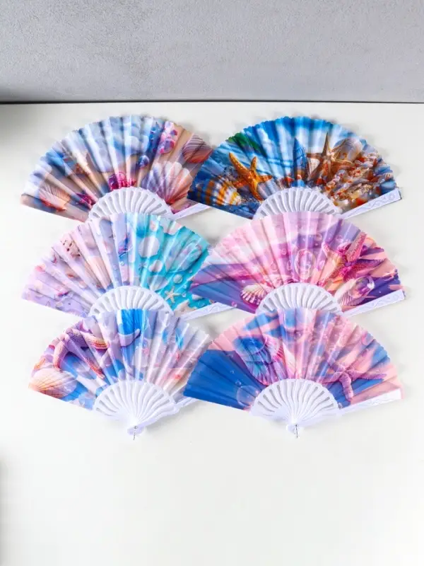 Веер пластик, текстиль "Морские ракушки" МИКС 23 см