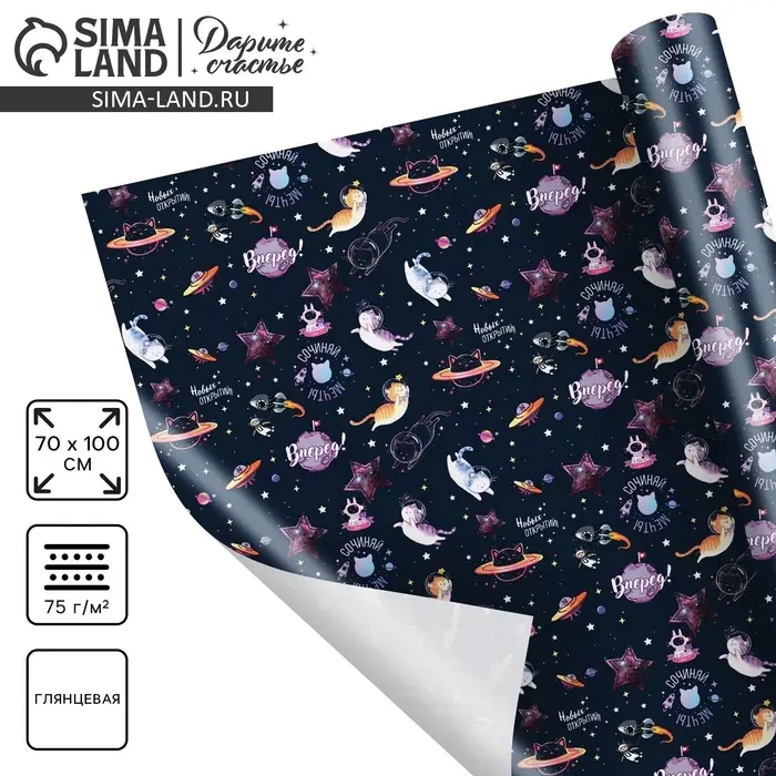 Бумага упаковочная глянцева &laquo;Космос: Вперёд&raquo;, 100 х 70 см
