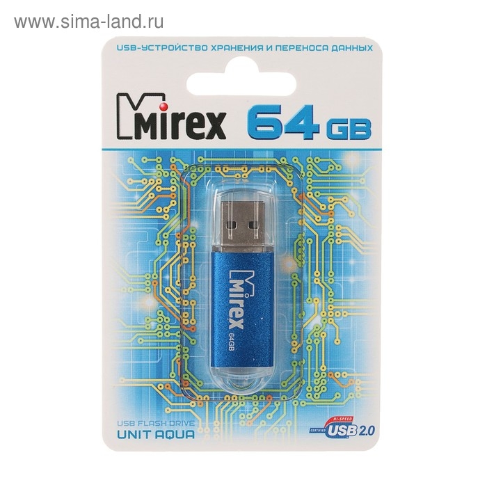 Флешка Mirex UNIT AQUA, 64 Гб, USB2.0, чт до 25 Мб/с, зап до 15 Мб/с, синяя