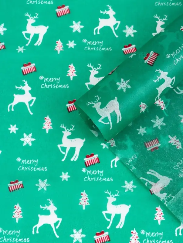Бумага упаковочная тишью "Рождество", зелёная, 50 х 66 см
