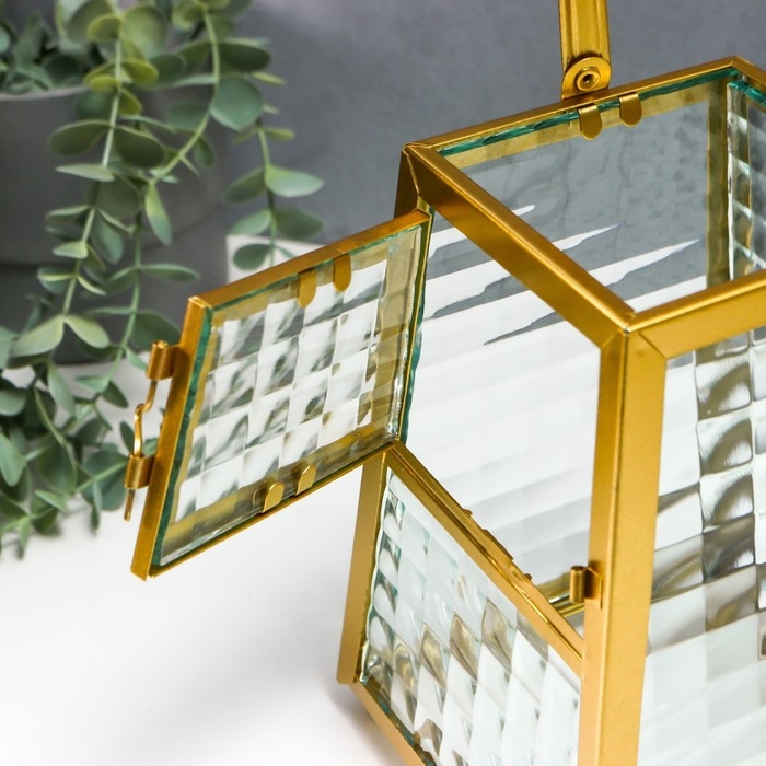 Подсвечник металл "Грани с витражными стёклами" золото 15х14.5х21 см