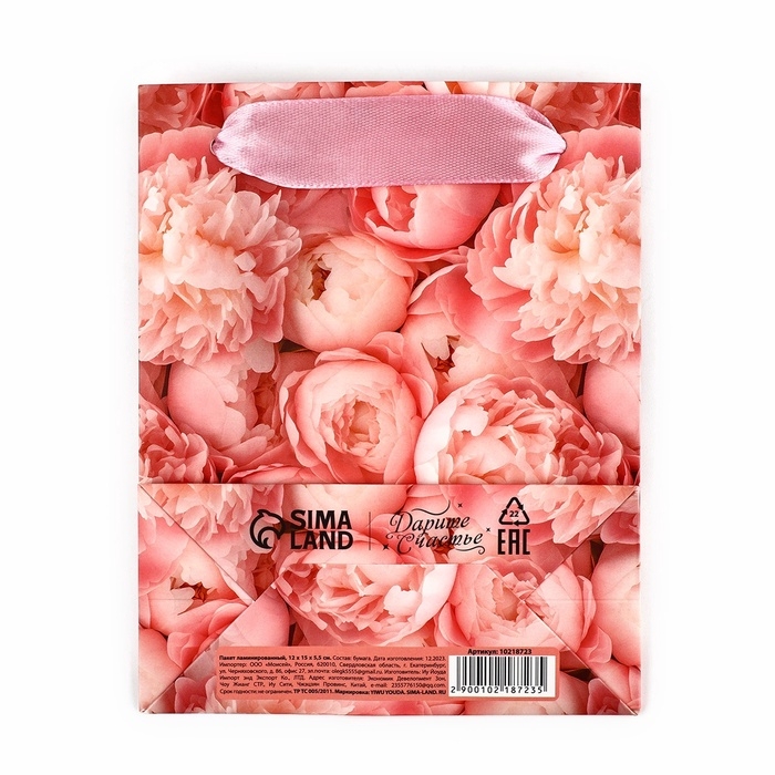 Пакет ламинированный двухсторонний &laquo;Пионы&raquo;, с тишью и открыткой, S, 12 х 15 х 5.5