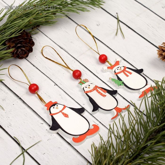 Подвеска новогодняя &laquo;Пингвинчики в шапочках&raquo;, рисунок с одной стороны, МИКС