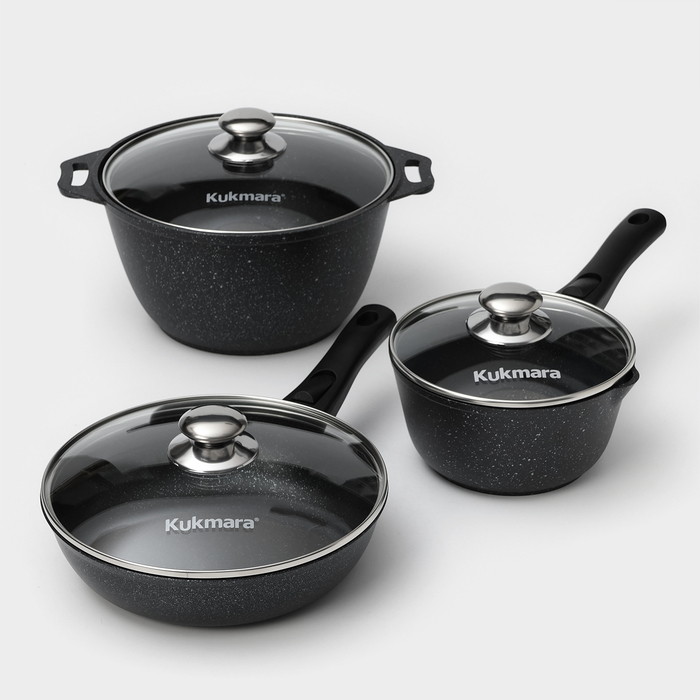 Набор кухонной посуды &laquo;Мраморная №3&raquo;, 6 предметов, крышка, съёмная ручка, антипригарное покрытие, цвет тёмный мрамор