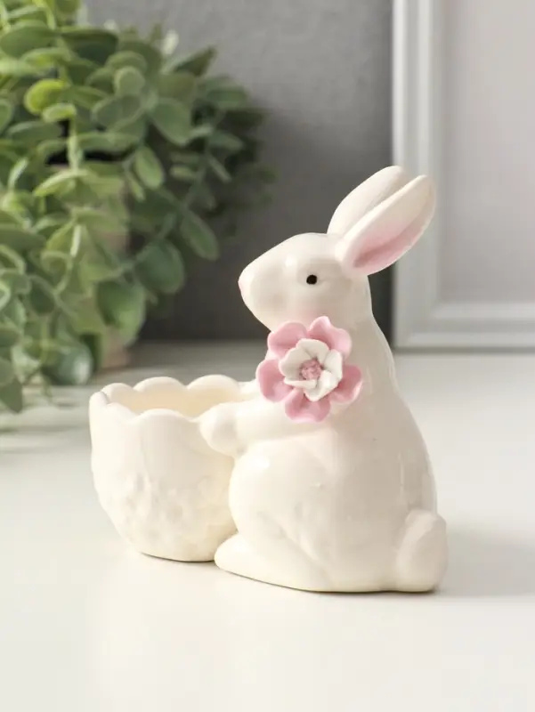 Сувенир керамика подставка "Зайка с цветком" белый 10,5х4,5х10 см