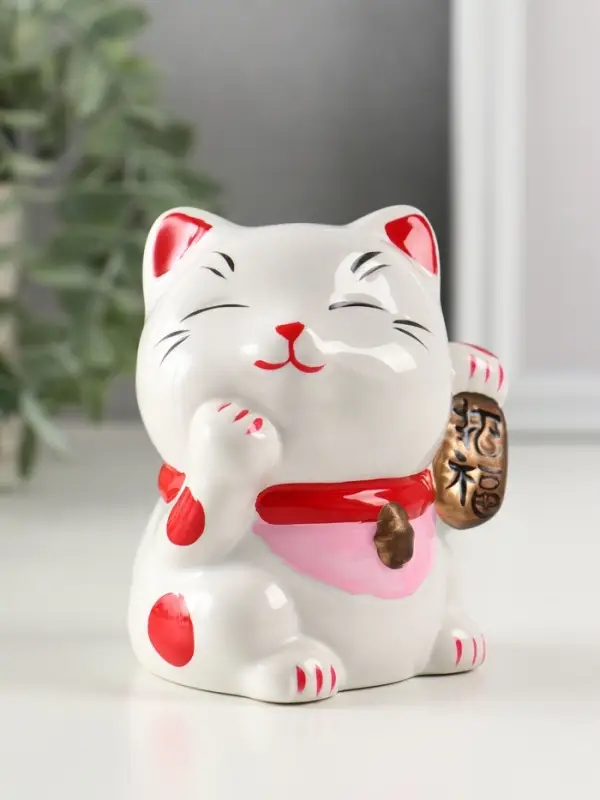 Копилка керамика "Манэки-нэко - иероглиф удача" розовый 7,2х8,3х10 см