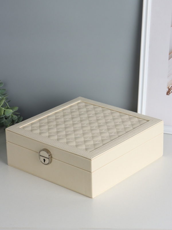 Шкатулка кожзам под часы 2 отделения и бижутерию "Ромбы белые" матовая 8,5х25х25 см