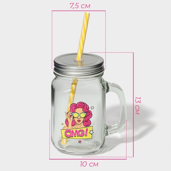 Кружка стеклянная с крышкой и трубочкой Доляна &laquo;Комикс&raquo;, 450 мл, 10&times;7,5&times;13 см