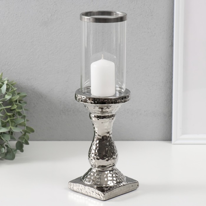 Подсвечник керамика, стекло на 1 свечу "Монти" d=7,5 см серебро 9х9х31,5 см