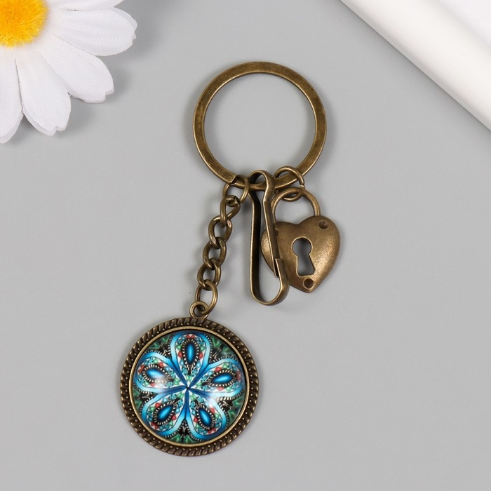 Брелок металл, стекло с карабином "Замок-сердце и цветок в медальоне" бронза 9,5 см