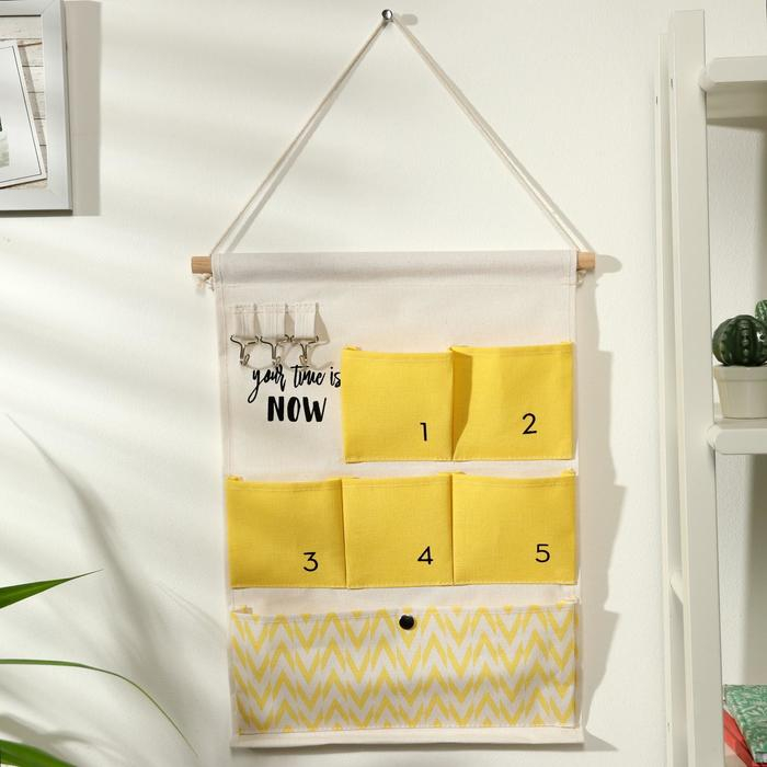 Органайзер подвесной с карманами Доляна &laquo;Время&raquo;, 6 отделений, 49&times;35 см, цвет жёлтый